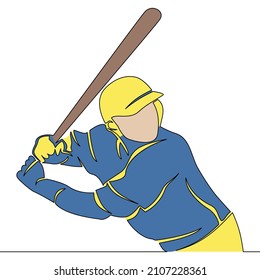 Flat Colorful Continuous Line Art Drawing Abstract Blue Baseball Player Batter Icon Vector Illustration Concept