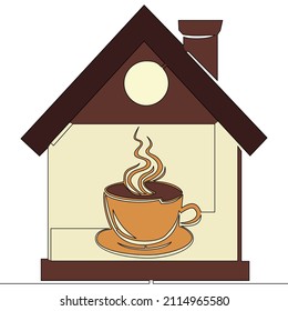 Flat colorful continuous line art drawing coffee cup house silhouette and smoke icon vector illustration concept
