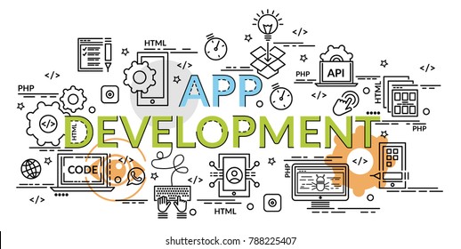 Flat colorful design concept for APP Development. Infographic idea of making creative products.
Template for website banner, flyer and poster.