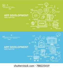 Flat colorful design concept for APP Development. Infographic idea of making creative products.Template for website banner, flyer and poster.