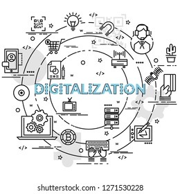 Flat colorful design concept for Digitilization. Infographic idea of making creative products.
Template for website banner, flyer and poster.
