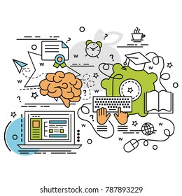 Flat colorful design concept for E-Learning. Infographic idea of making creative products.
Template for website banner, flyer and poster.
