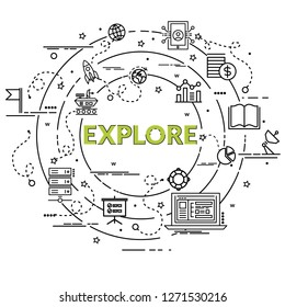 Flat colorful design concept for Explore. Infographic idea of making creative products.
Template for website banner, flyer and poster.
