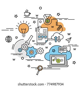 Flat colorful design concept of SEO. Infographic idea of making creative products.
Template for website banner, flyer and poster.