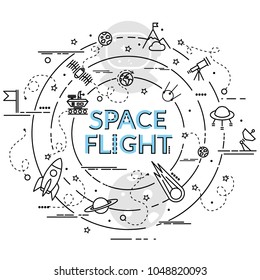 Flat colorful design concept for Space Flight. Infographic idea of making creative products.Template for website banner, flyer and poster.