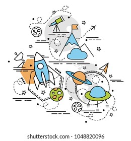 Flat colorful design concept for Space Flight. Infographic idea of making creative products. Template for website banner, flyer and poster.