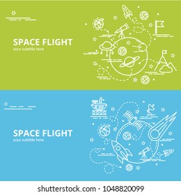 Flat colorful design concept for Space Flight. Infographic idea of making creative products. Template for website banner, flyer and poster.