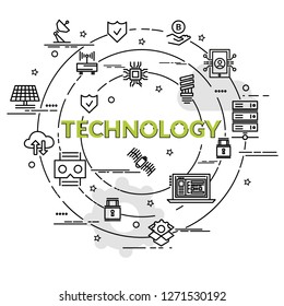 Flaches bunter Design-Konzept für Technologie. Infografik der Herstellung kreativer Produkte.
Vorlage für Webbanner, Flyer und Poster.
