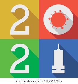 Flat and colorful design with COVID-19 representation and syringe, symbolizing the year 2021 as the year of vaccination against this coronavirus.