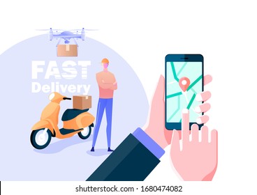Flat colorful design delivery man, delivery drone and hand holding mobile phone for location landing pages