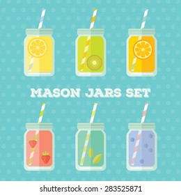 Flat colorful design style modern vector illustration set of mason jar vectors. Summer lemonades with fruits: lemon, kiwi, orange, strawberries, mint, blueberries isolated on blue dotted background.