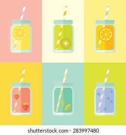 Flat colorful design style modern vector illustration set of mason jar. Summer lemonades with fruits: lemon, kiwi, orange, strawberries, mint, blueberries.