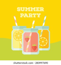 Flat colorful design style modern vector illustration party invitation with mason jars. Summer lemonades with fruits: lemon, orange and strawberries on yellow and green background.