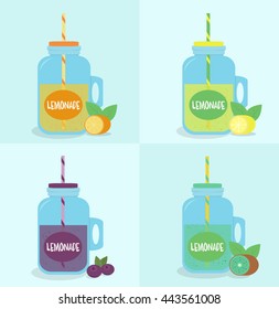 Flat colorful design style modern vector illustration set of mason jar vectors. Summer lemonades with fruits: lemon, kiwi, orange, strawberries, mint, isolated on blue dotted background.