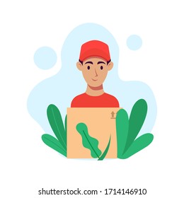 Flat colorful design vector delivery man for landing page or logo design template