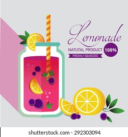 Flat colorful design, vector illustration set of mason jar vectors.Summer lemonades with fruits: lemon, orange, strawberries, mint, blueberries isolated on blue dotted background. Flayers.Stewed fruit