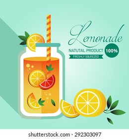 Flat colorful design, vector illustration set of mason jar vectors.Summer lemonades with fruits: lemon, orange, strawberries, mint, blueberries isolated on blue dotted background. Flayers.Stewed fruit