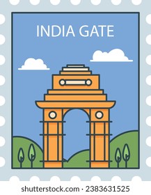 Sello de postal detallado y llano con el famoso emblema y símbolo de la ciudad india de NUEVA DELHI, INDIA