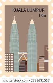 Sello postal detallado y plano con PETRONAS TWIN TOWERS famoso monumento y símbolo de la ciudad malaya de KUALA LUMPUR, MALAYSIA