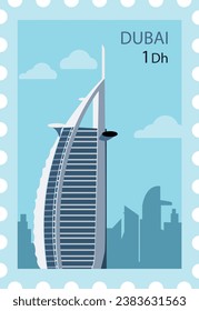 Sello de postal detallado y llano con el famoso emblema de BURJ AL ARAB y símbolo de la ciudad emiratí de DUBAI, EMIRATOS ÁRABES UNIDOS