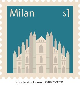 Flat colorful detailed postcard stamp with DUOMO DI MILANO famous landmark and symbol of the Italian city of MILAN, ITALY