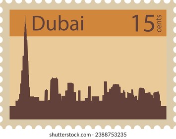 Flat colorful detailed postcard stamp with city landscape and BURJ KHALIFA famous landmark and symbol of the Emirate city of DUBAI, UNITED ARAB EMIRATES