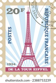 Flat colorful detailed postcard stamp with EIFFEL TOWER famous landmark and symbol of the French city of PARIS, FRANCE