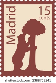 Flat colorful detailed postcard stamp with EL OSO Y EL MADROÑO (STATUE OF THE BEAR AND THE STRAWBERRY TREE) famous landmark and symbol of the Spanish city of MADRID, SPAIN