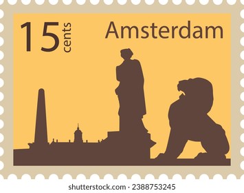 Flat colorful detailed postcard stamp with LION STONE STATUE famous landmark and symbol of the Dutch city of AMSTERDAM, NETHERLANDS