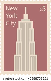 Flat colorful detailed postcard stamp with EMPIRE STATE BUILDING famous landmark and symbol of the American city of NEW YORK CITY, USA