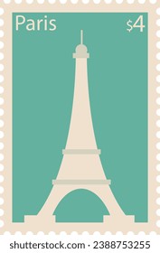 Flat colorful detailed postcard stamp with EIFFEL TOWER famous landmark and symbol of the French city of PARIS, FRANCE