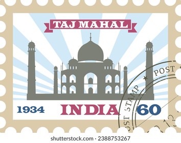 Flat colorful detailed postcard stamp with TAJ MAHAL famous landmark and symbol of the Indian city of AGRA, INDIA