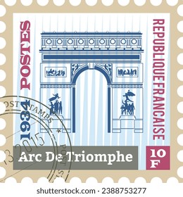 Flat colorful detailed postcard stamp with ARC DE TRIOMPHE famous landmark and symbol of the French city of PARIS, FRANCE