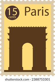 Flat colorful detailed postcard stamp with ARC DE TRIOMPHE famous landmark and symbol of the French city of PARIS, FRANCE