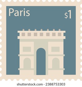 Flat colorful detailed postcard stamp with ARC DE TRIOMPHE famous landmark and symbol of the French city of PARIS, FRANCE