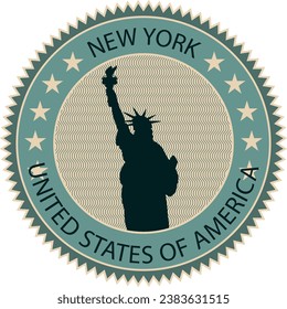 Flat colorful detailed seal (stamp) with STATUE OF LIBERTY famous landmark and symbol of the American city of NEW YORK CITY, UNITED STATES OF AMERICA