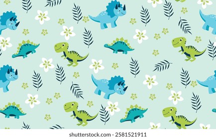 Flat Colorful Dinosaur and Flower Pattern - Cute and Playful Seamless Design vector