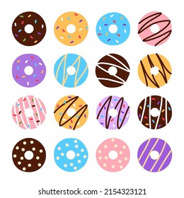 Flache, bunte Donuts auf weißem Hintergrund. Ungesunde, gebackene Frostcreme. Rosafarbene Schokoladenkuchen-Kollektion. Frisch dekorierte, jugendliche Kreise. Heller Snack, Vektorgrafik.