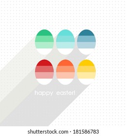 Flat colorful dyed eggs spring Easter time greeting card centerpiece with wishes in English isolated on white dotted background seasonal illustration