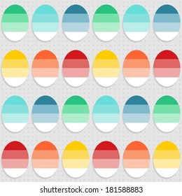 Flat colorful dyed eggs spring Easter time on gray dotted background seasonal holiday seamless pattern