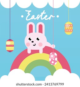 Flat colorful easter background illustration. Cute rabbit easter illustration background