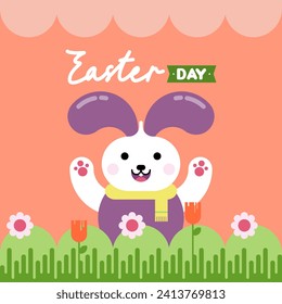 Flat colorful easter background illustration. Cute rabbit easter illustration background