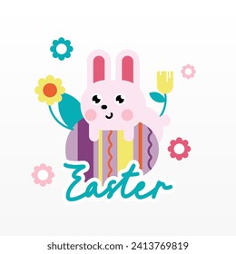 Flat colorful easter background illustration. Cute rabbit easter illustration background