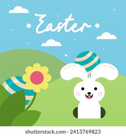 Flat colorful easter background illustration. Cute rabbit easter illustration background