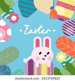 Flat colorful easter background illustration. Cute rabbit easter illustration background