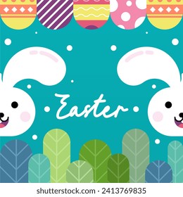 Flat colorful easter background illustration. Cute rabbit easter illustration background