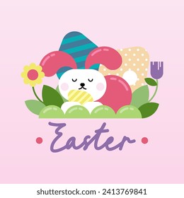 Flat colorful easter background illustration. Cute rabbit easter illustration background