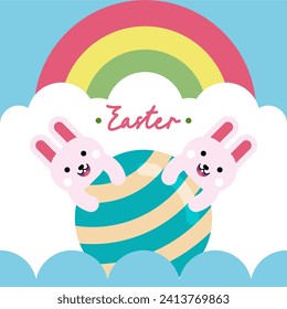 Flat colorful easter background illustration. Cute rabbit easter illustration background