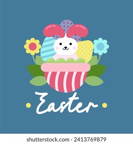 Flat colorful easter background illustration. Cute rabbit easter illustration background
