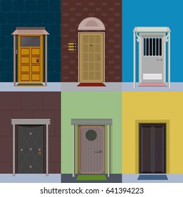 Flat colorful elegant entry doors set of various shapes and construction isolated vector illustration